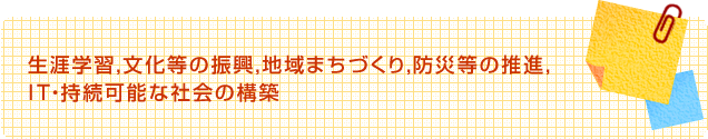 生涯学習，文化等の振興，地域まちづくり，防災等の推進，IT・持続可能な社会の構築